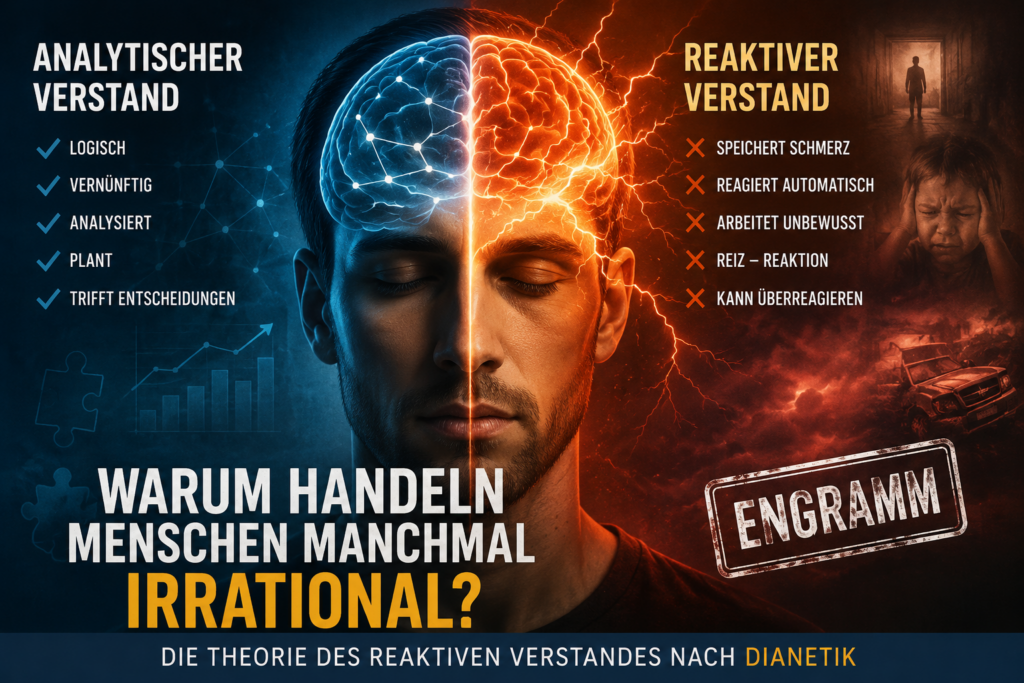 Männlicher Kopf und Gehirn mit Beschreibung des analytischen Verstands und reaktiven Verstands
