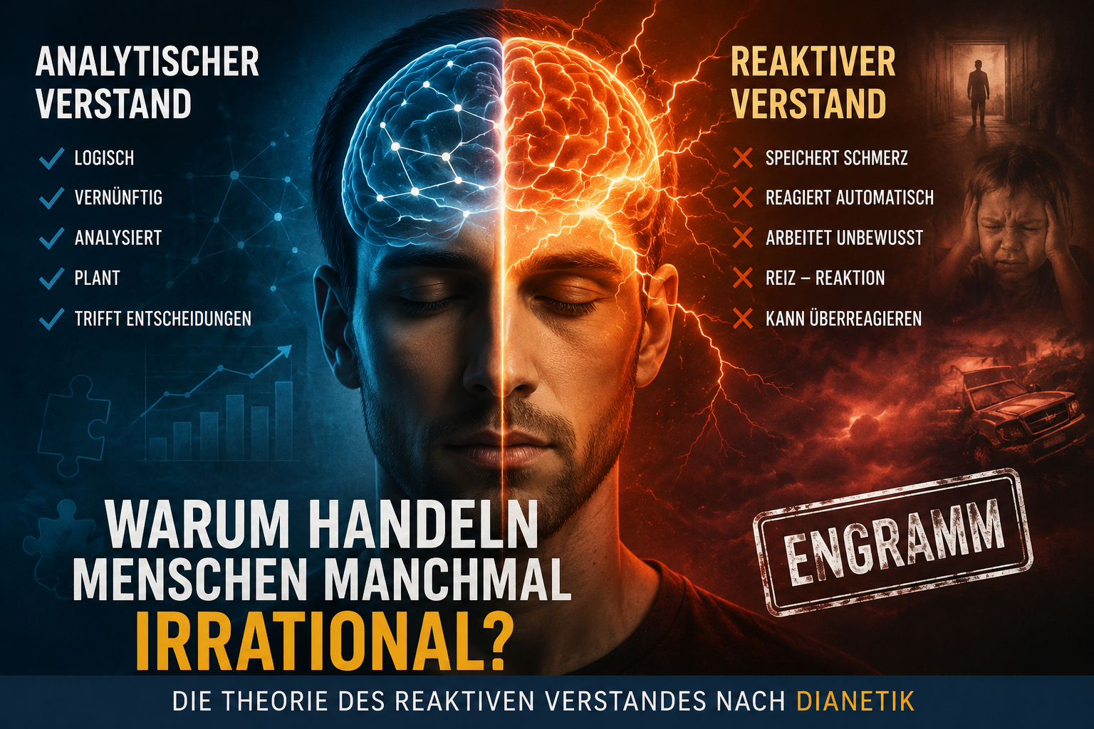 Männlicher Kopf und Gehirn mit Beschreibung des analytischen Verstands und reaktiven Verstands