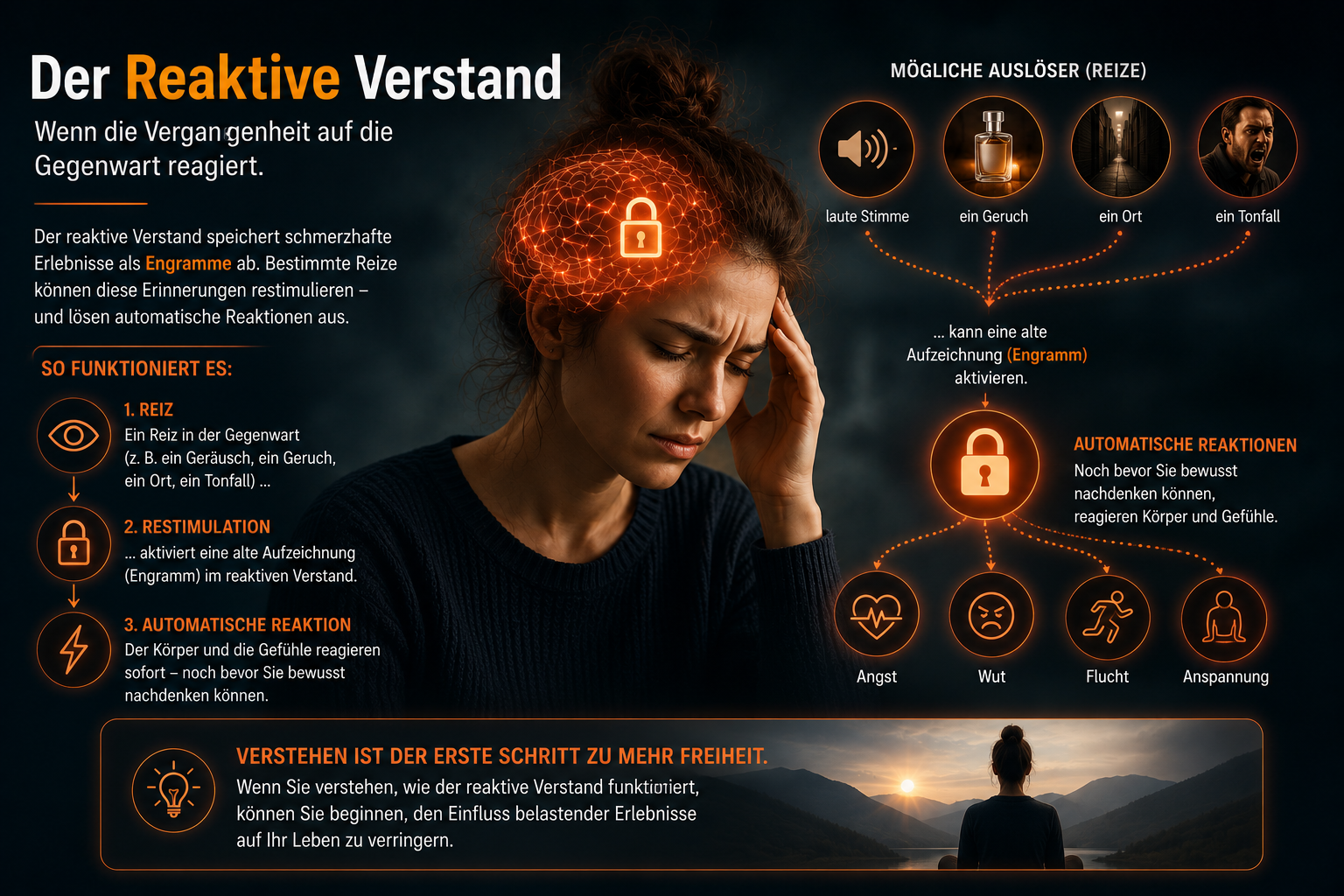 eine Frau fasst sich an den Kopf, Beschriftung mit Begriffen der Dianetik